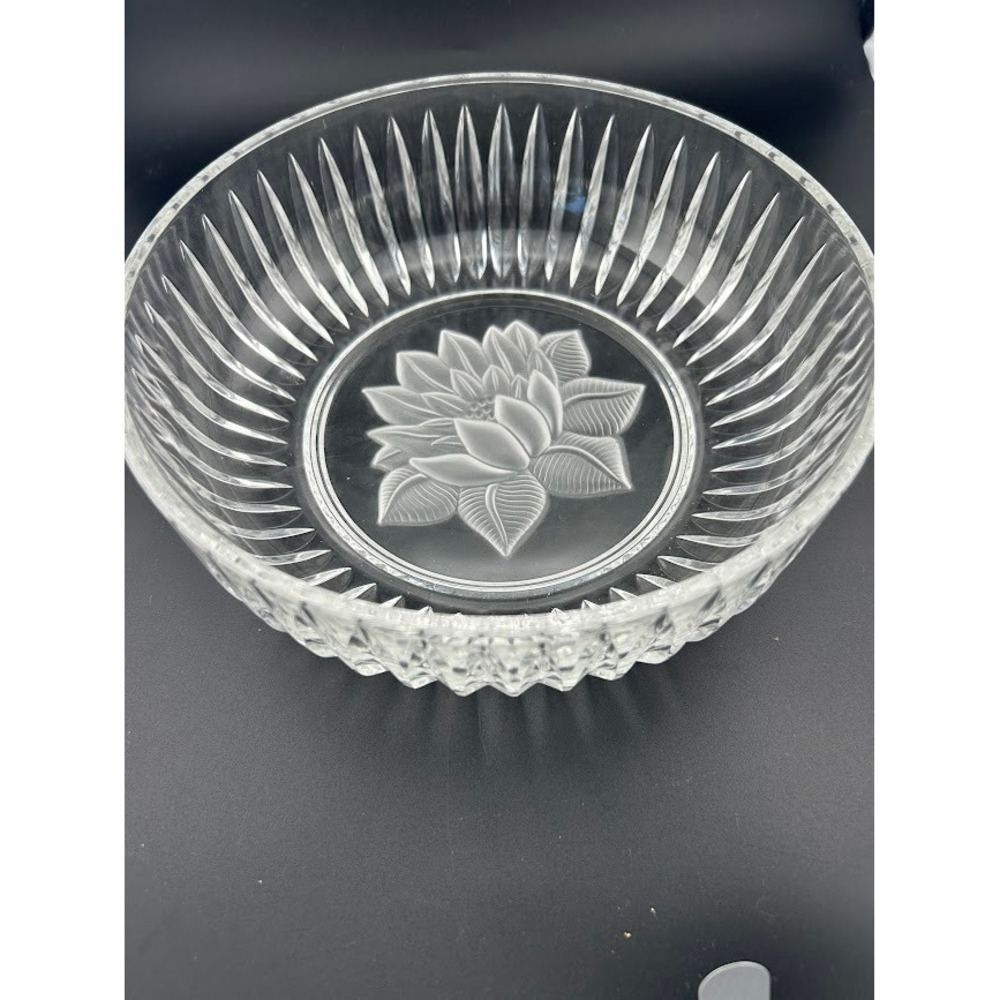 Vintage Cut Crystal Bowl With Etched Floral Lotus Design 8" Wide 3" Tall